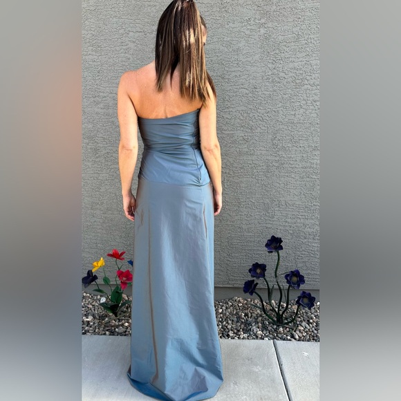 Laundry by Shelli Segal Strapless Shimmery Blue Gown Drawstring Ruching B1 - Picture 8 of 10